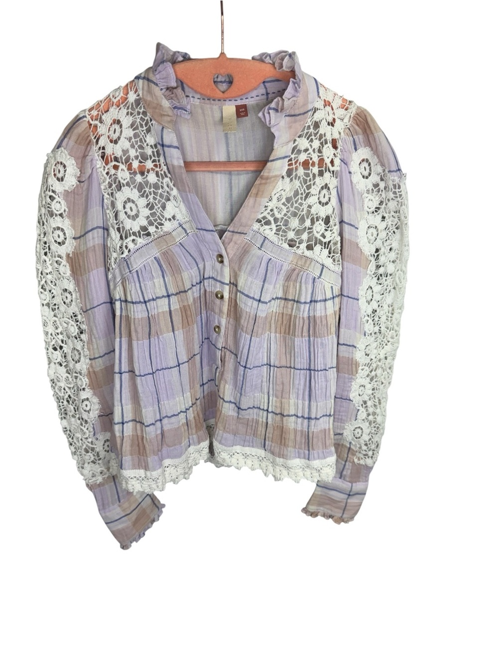 Light Purple Plaid Crochet Trim Button-Up Top - Picture 5 of 14
